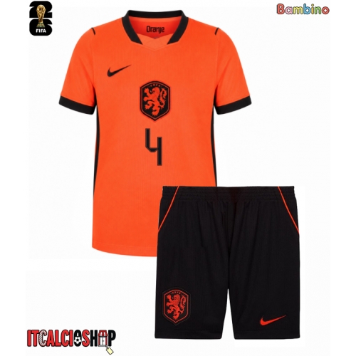 Paesi Bassi Virgil van Dijk #4 Prima Maglia Bambino Mondiali 2026 Manica Corta (+ Pantaloni corti)